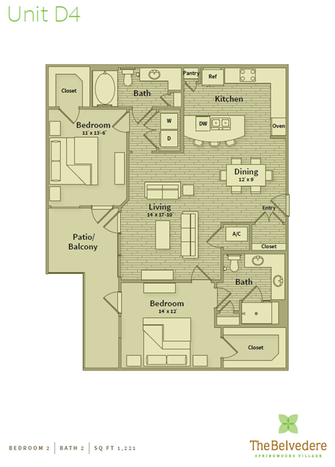Floor plan for 2 beds, 2 baths, 1221 sqft